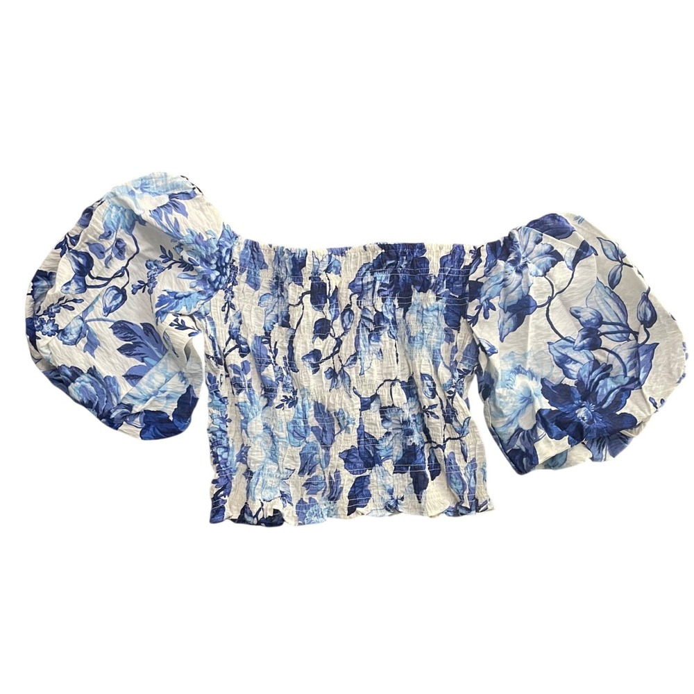 H&M Floral Smocked Off Shoulder Crop Top Blue White Puff Sleeve‎ S